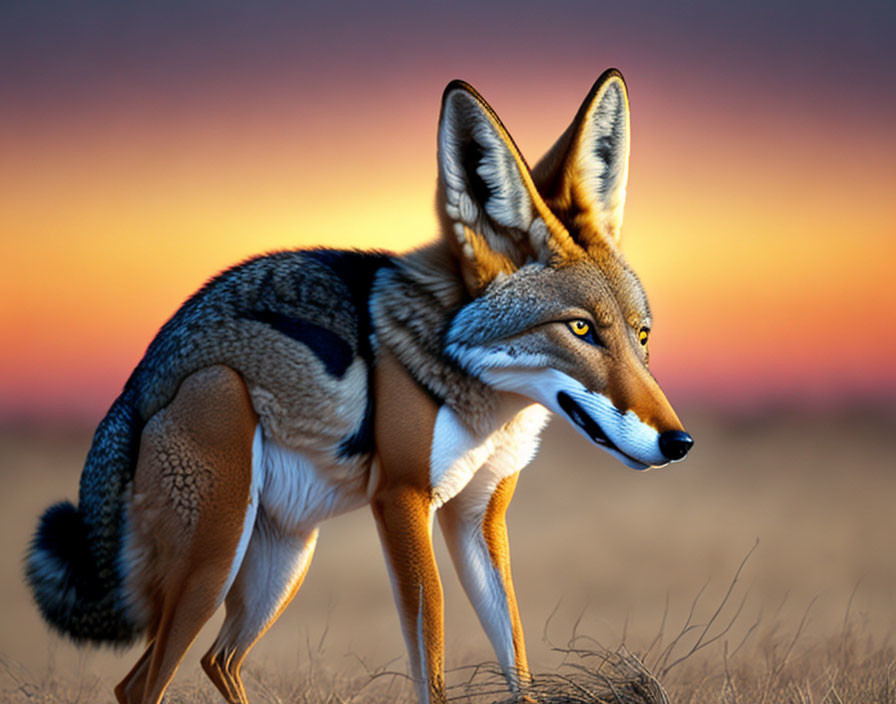 Fox in field at sunset with warm light and colorful sky