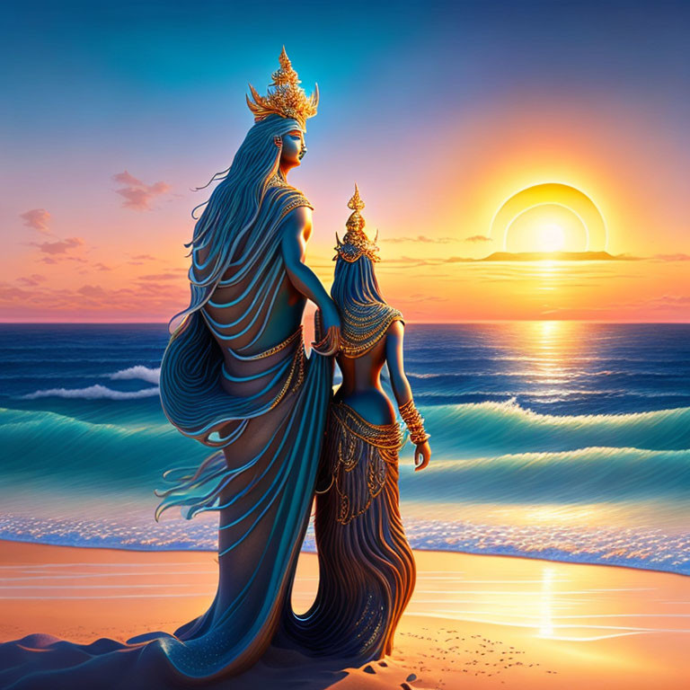 Ethereal figures with ornate headdresses on beach at sunset