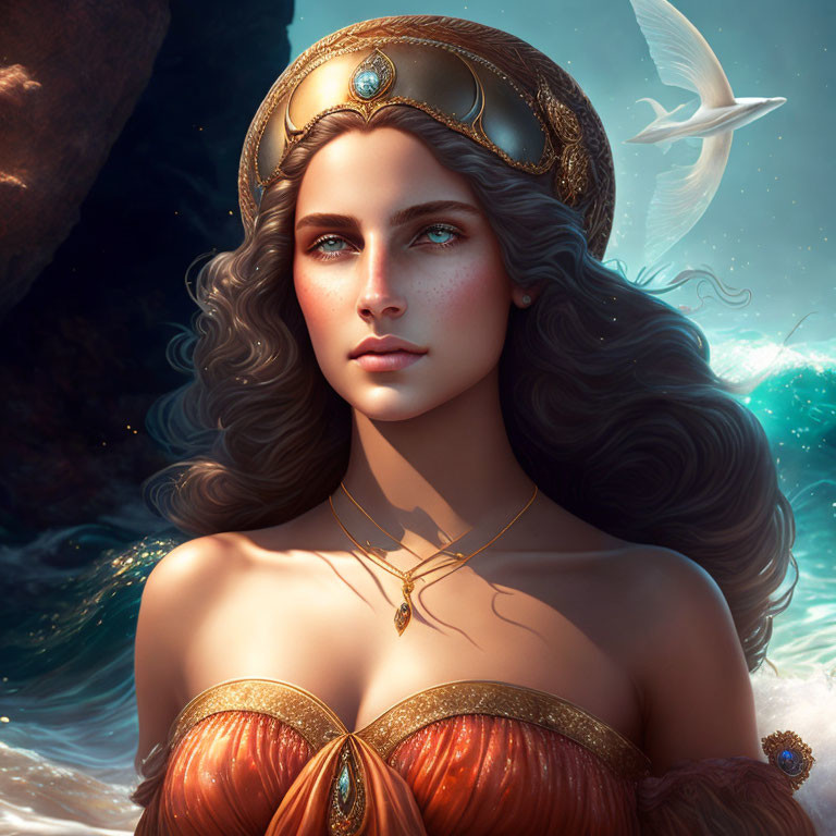 Woman with Wavy Hair and Golden Crown in Ocean Setting