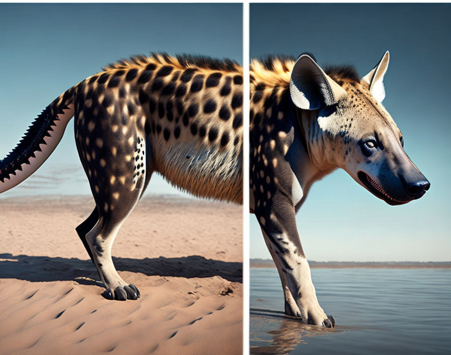 Surreal image: Hyena with zipper on back, blending with beach landscape