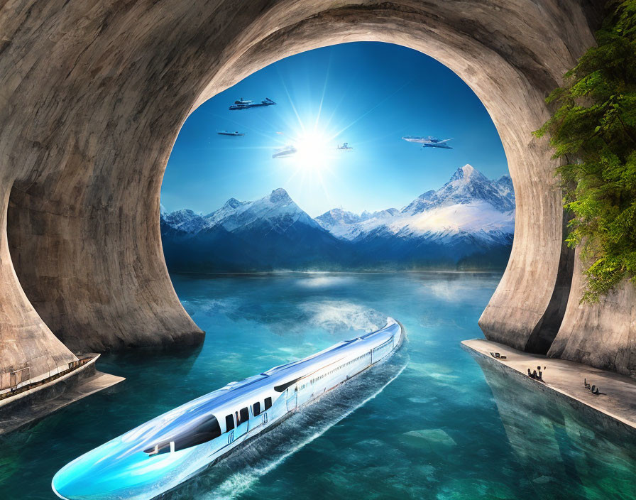 Futuristic train over water under archway with mountains and flying spaceships