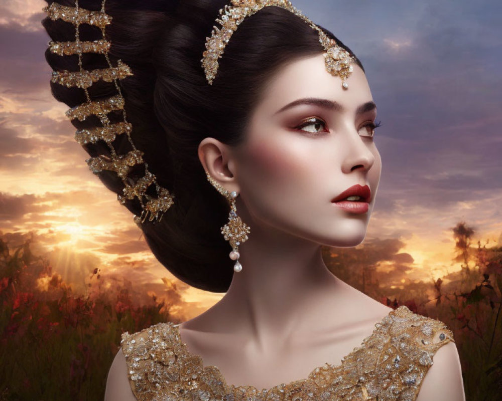 Elegant woman with elaborate updo and gold jewelry against sunset sky.