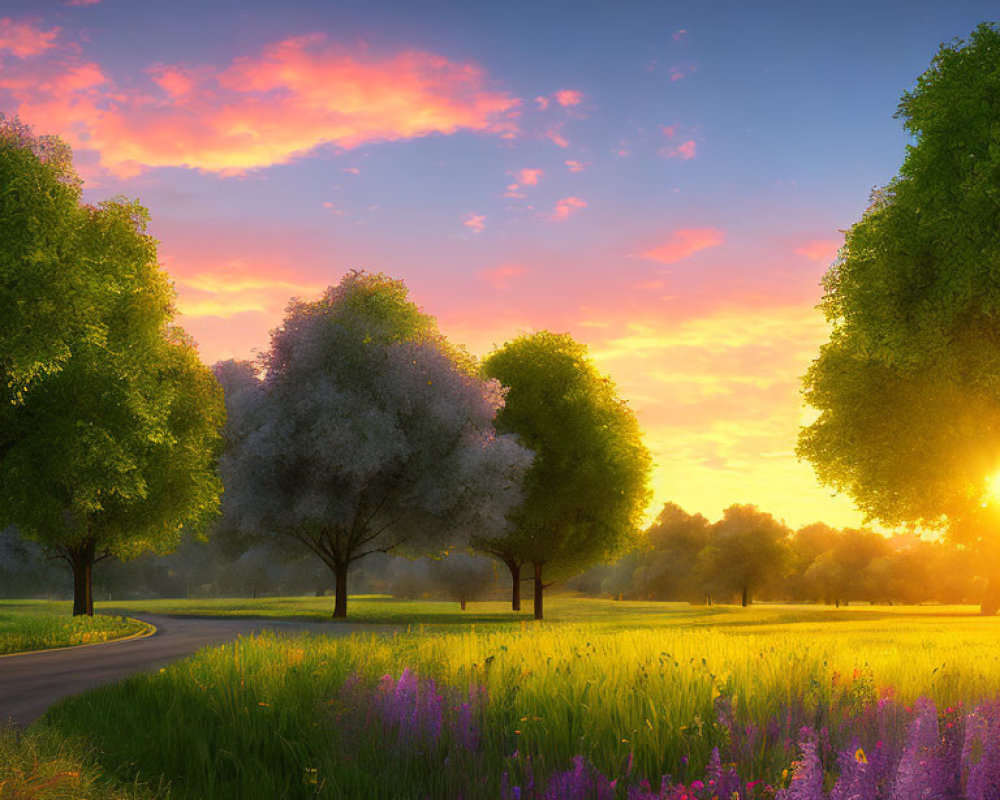 Scenic sunset with sunrays through trees on curved road in purple flower field