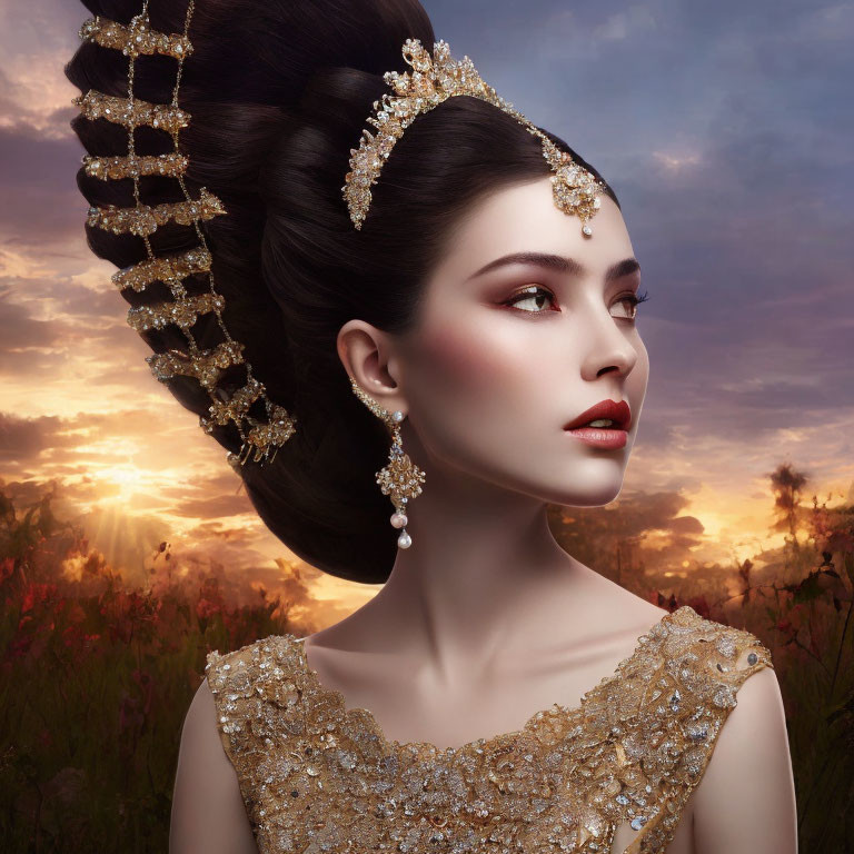 Elegant woman with elaborate updo and gold jewelry against sunset sky.