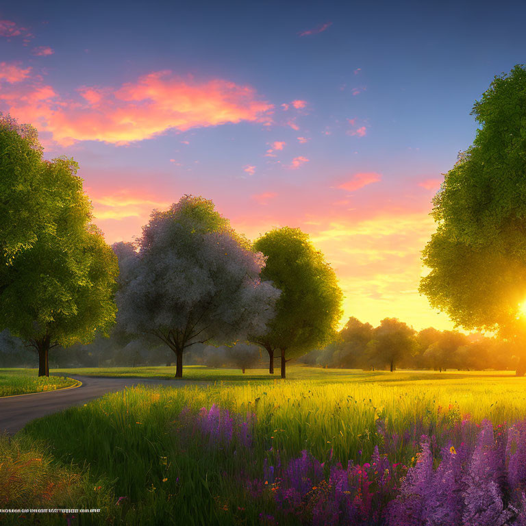 Scenic sunset with sunrays through trees on curved road in purple flower field