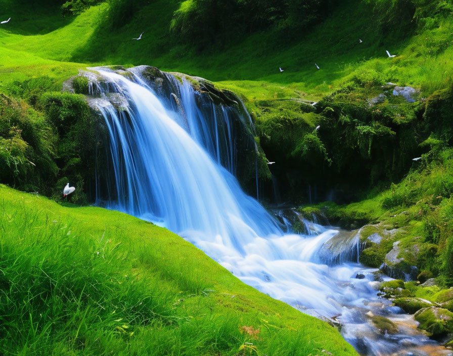 Scenic landscape with lush greenery and cascading waterfall