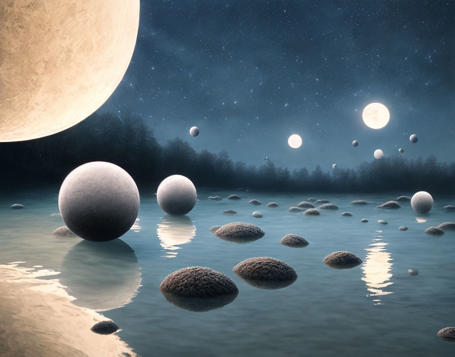 Multiple Moons Night Scene with Floating Spheres and Forest Silhouette