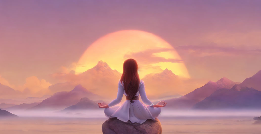 Person meditates on rock in serene waters with mountains and pastel sky.