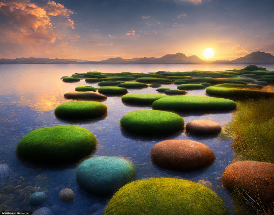 Tranquil lake at sunset with moss-covered stones and mountains in the distance