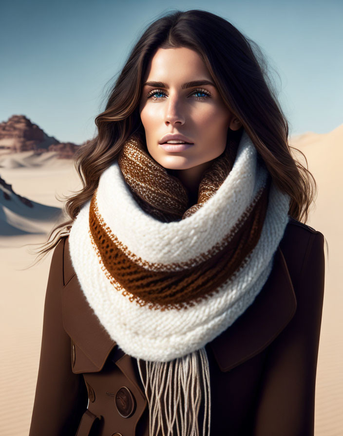 Woman with blue eyes and brown hair in desert setting wearing white and brown scarf and coat