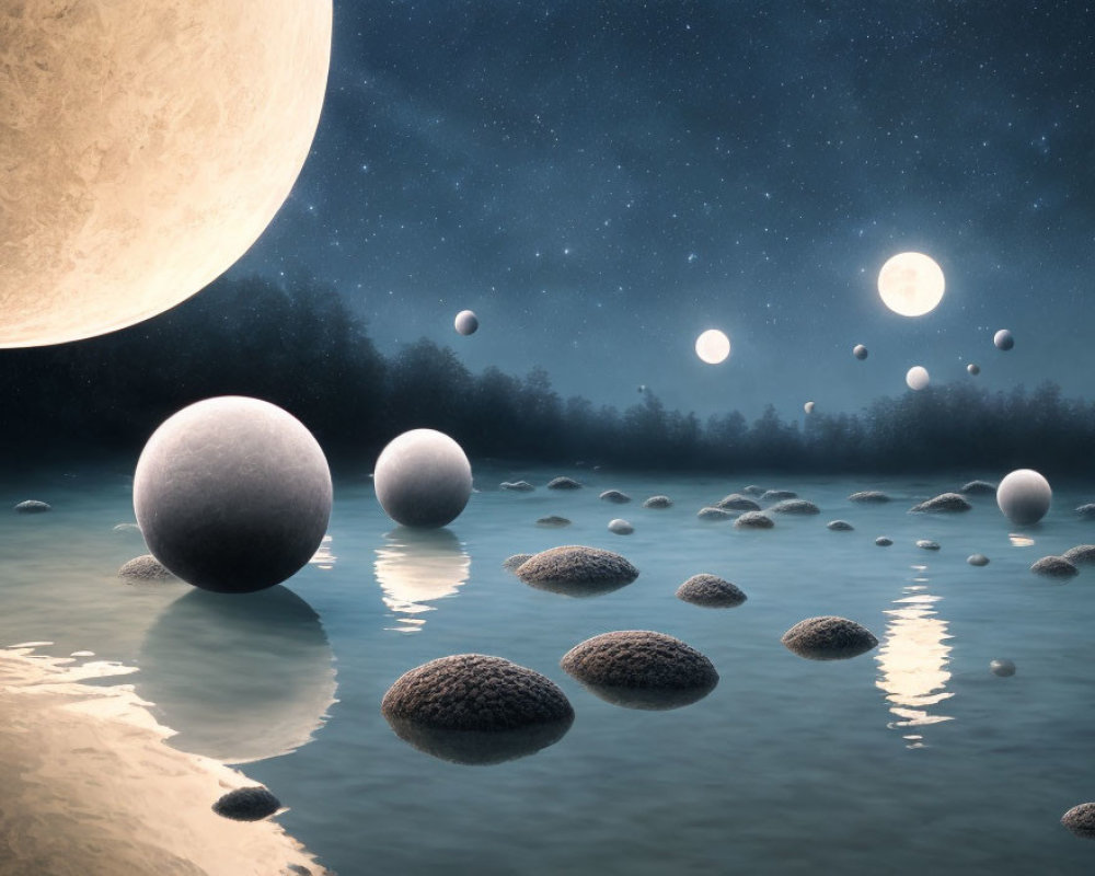 Multiple Moons Night Scene with Floating Spheres and Forest Silhouette