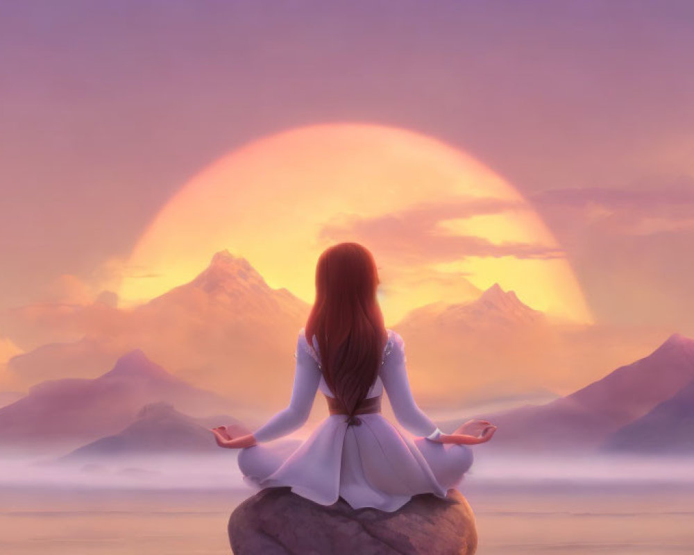 Person meditates on rock in serene waters with mountains and pastel sky.