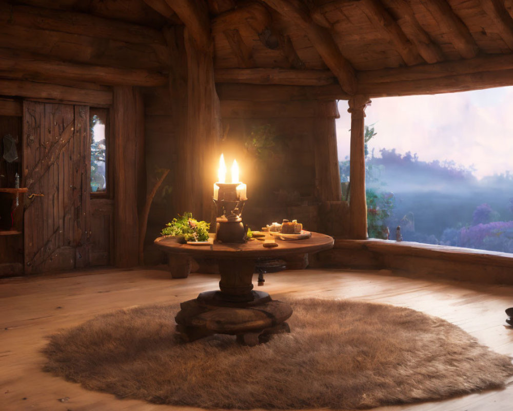 Rustic wooden cabin interior with candle, fur rug, and forest view