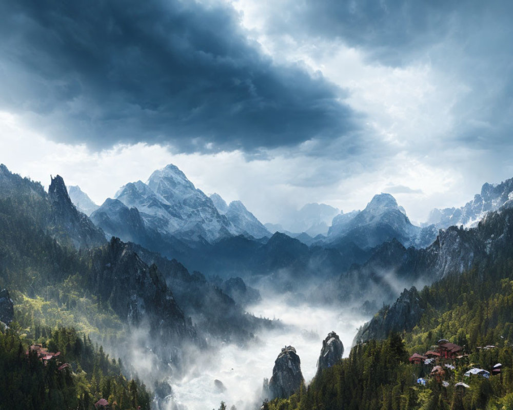 Misty forested mountains and village under stormy sky