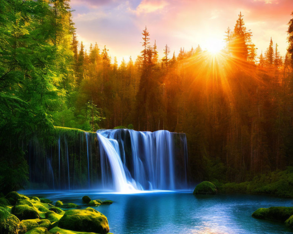 Tranquil forest scene with sunset over serene waterfall