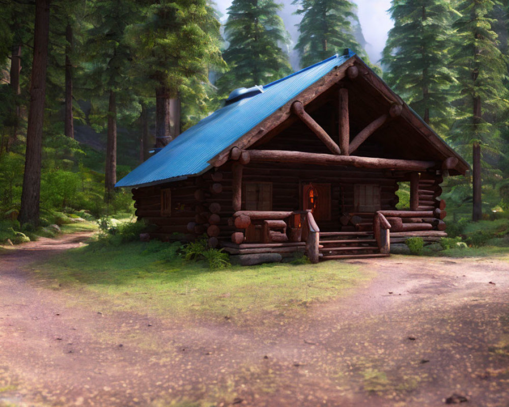 Rustic log cabin with blue roof in dense pine forest.