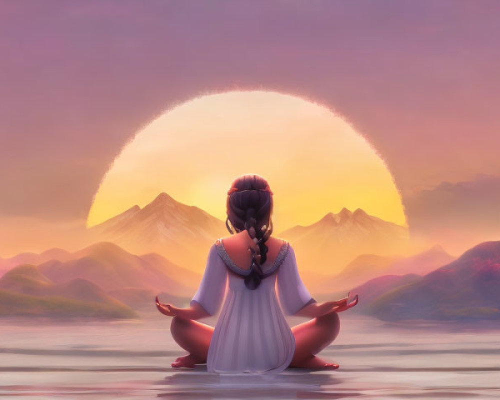 Woman meditates by water at sunset with mountains in background