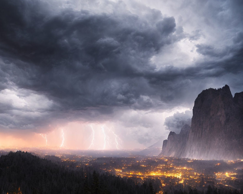 Thunderstorm with Lightning Strikes Over Town and Cliffs