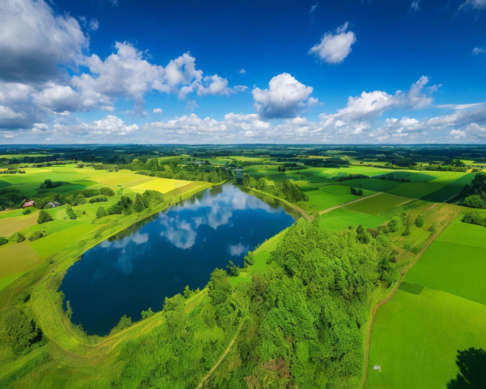 Tranquil lake with lush green fields and scattered trees under partly cloudy sky