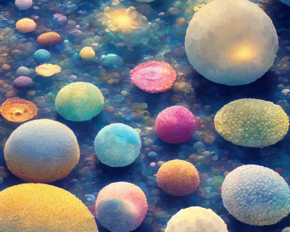 Multicolored spheres with textured surfaces on blue-violet background