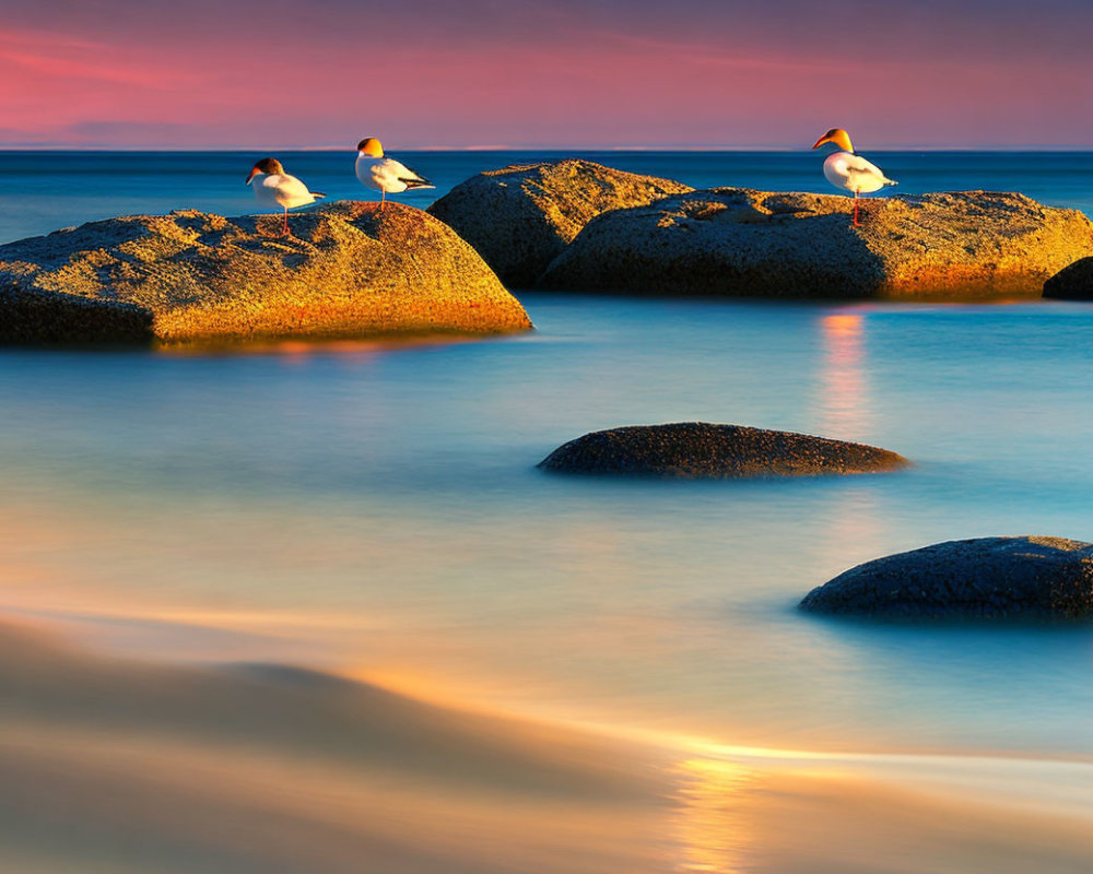 Seagulls perched on coastal rocks at sunset with calm blue water