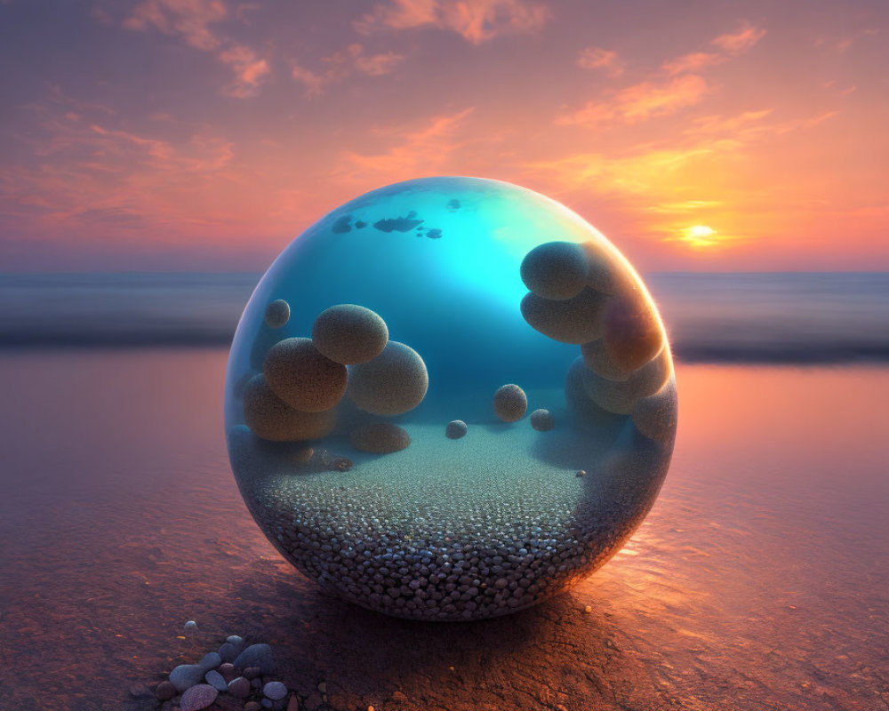 Surreal sphere with inner ecosystems on beach at sunset