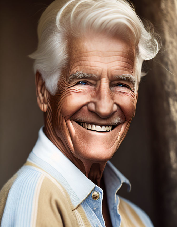 Elderly man in denim jacket and light blue sweater leaning against wall