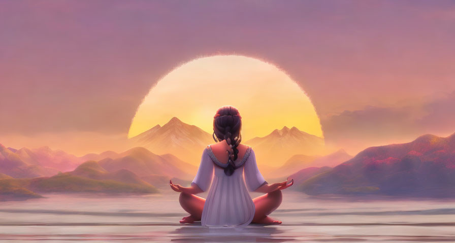 Woman meditates by water at sunset with mountains in background