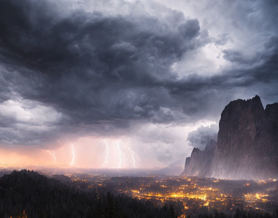 Thunderstorm with Lightning Strikes Over Town and Cliffs