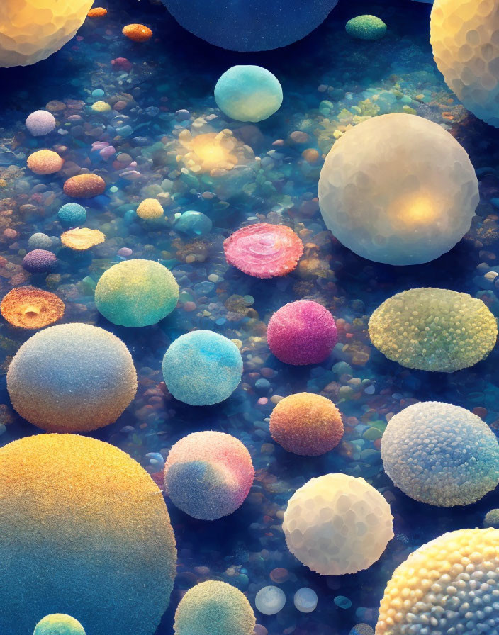 Multicolored spheres with textured surfaces on blue-violet background