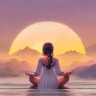 Person meditates on rock in serene waters with mountains and pastel sky.