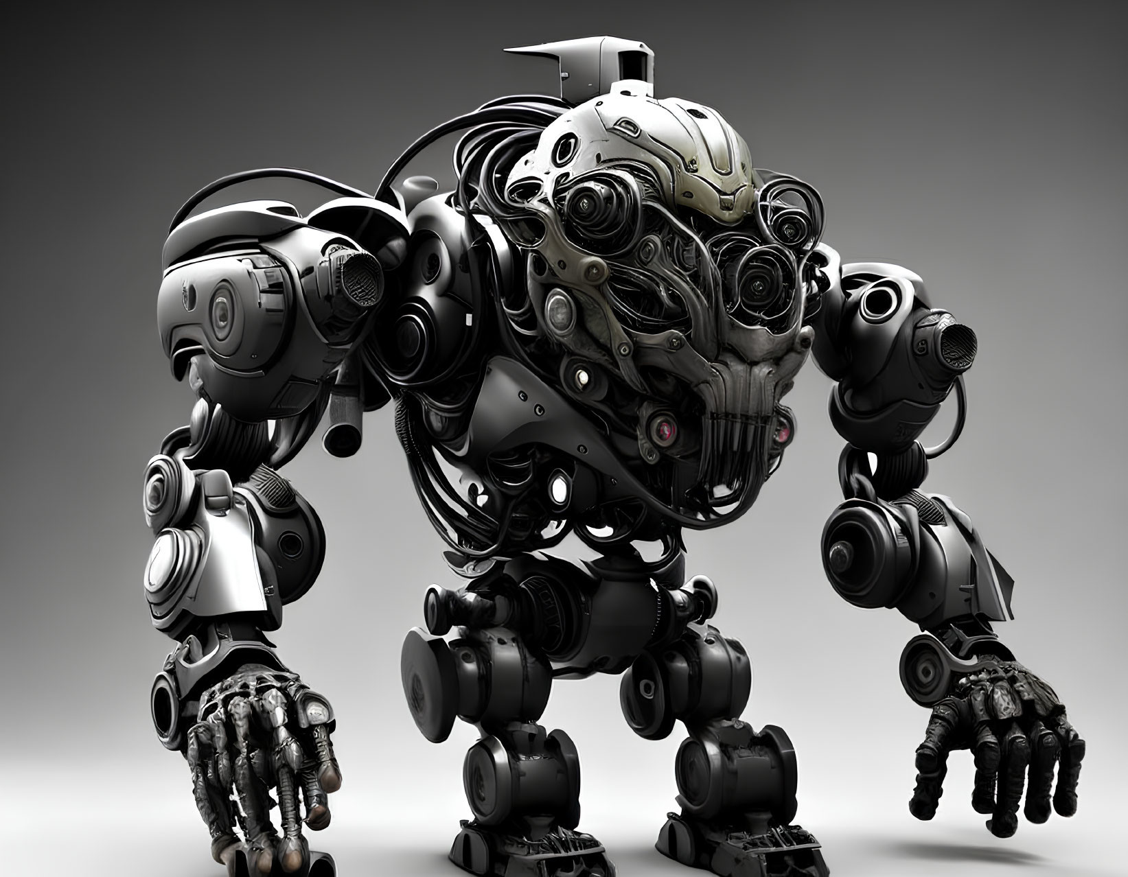 Detailed 3D Rendering of Black and Metal Toned Humanoid Robot