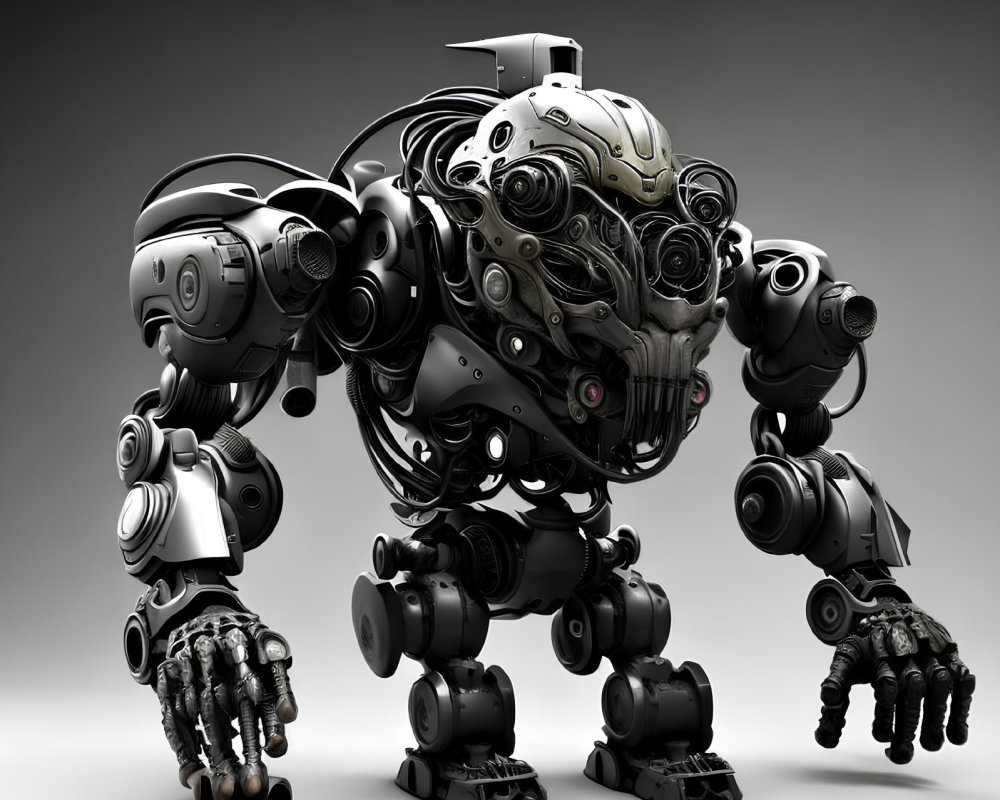 Detailed 3D Rendering of Black and Metal Toned Humanoid Robot