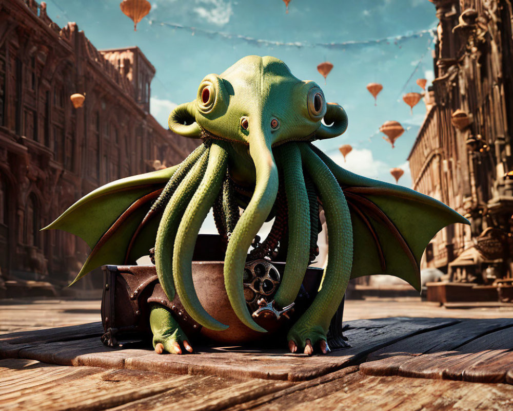 Octopus-Headed Creature with Dragon Wings in Historic Cityscape