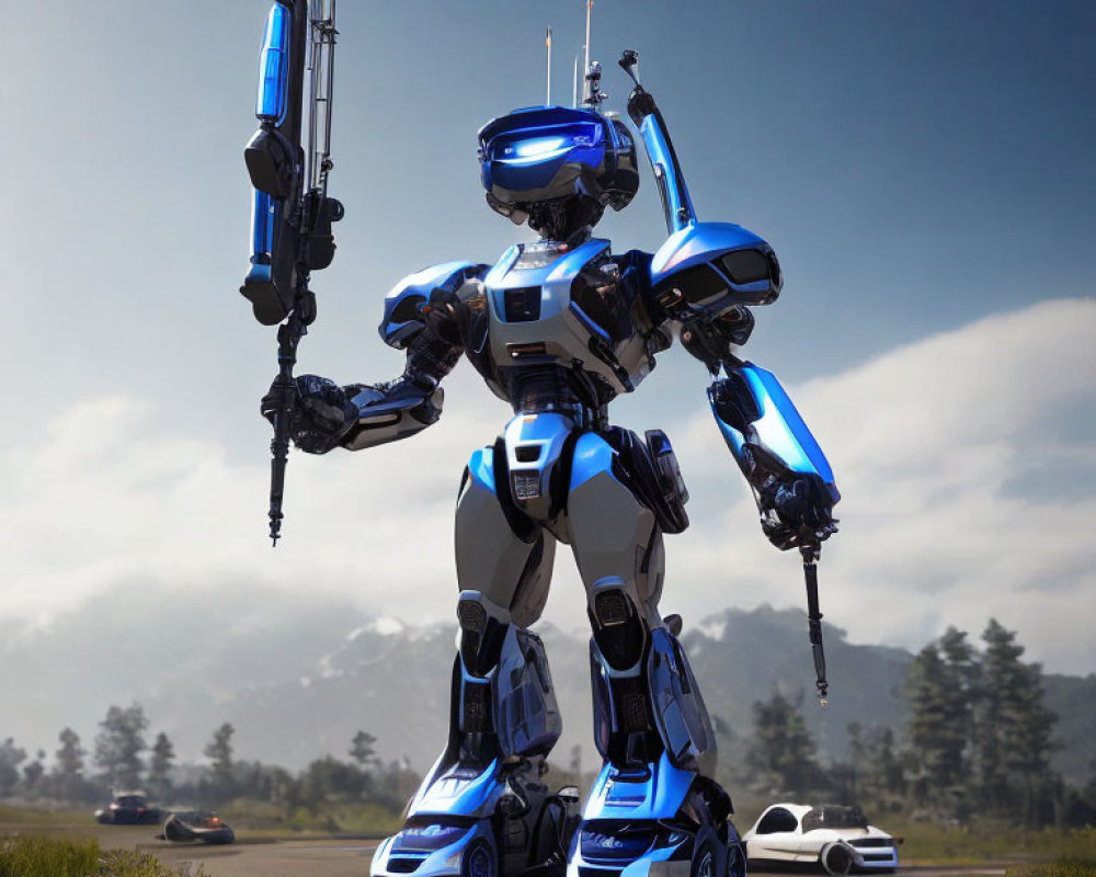 Futuristic blue and white robot with advanced weaponry on road with cars and natural landscape