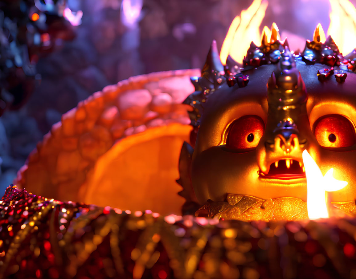 Golden ornate dragon with glowing red eyes in fiery glow