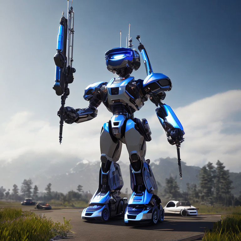 Futuristic blue and white robot with advanced weaponry on road with cars and natural landscape