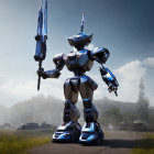 Futuristic blue and white robot with advanced weaponry on road with cars and natural landscape