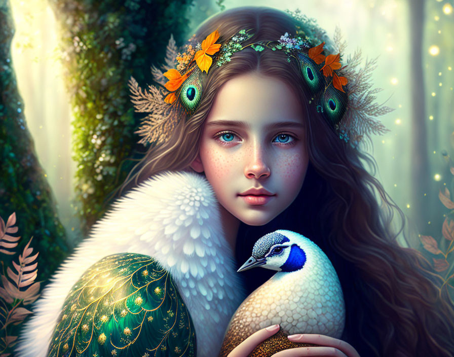 Surreal illustration: girl with forest crown and peacock in enchanting woodland.