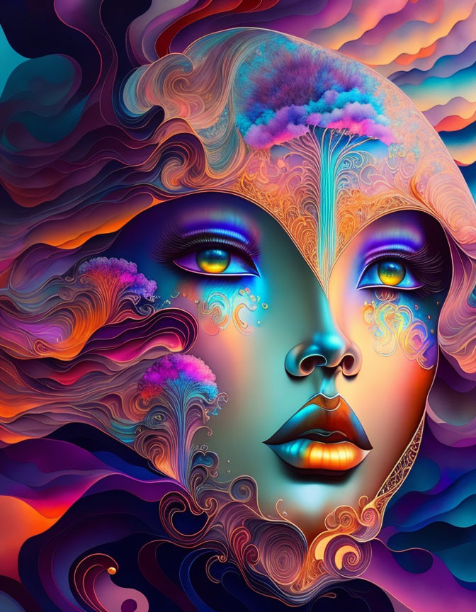 Colorful digital artwork: woman's face with surreal swirls and tree-like elements