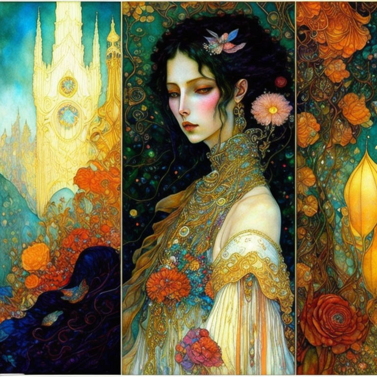 Fantasy triptych featuring woman in ornate attire and vibrant flora