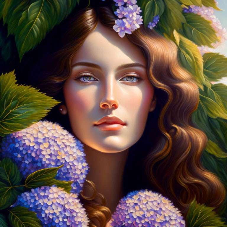 Woman with wavy hair in serene nature setting with purple hydrangea flowers