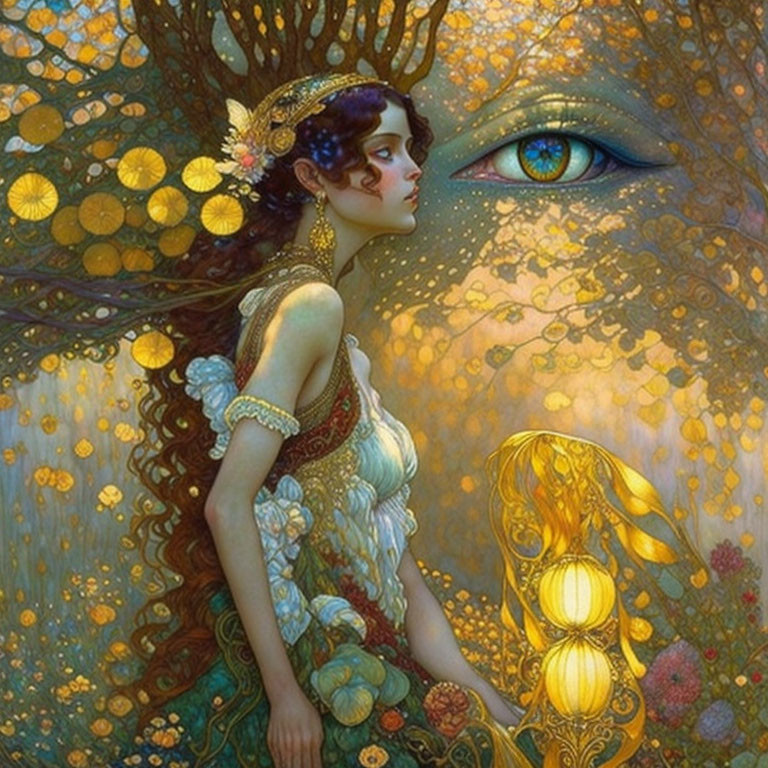 Fantastical artwork: Woman with golden headpieces, luminous flora, and ethereal eye.