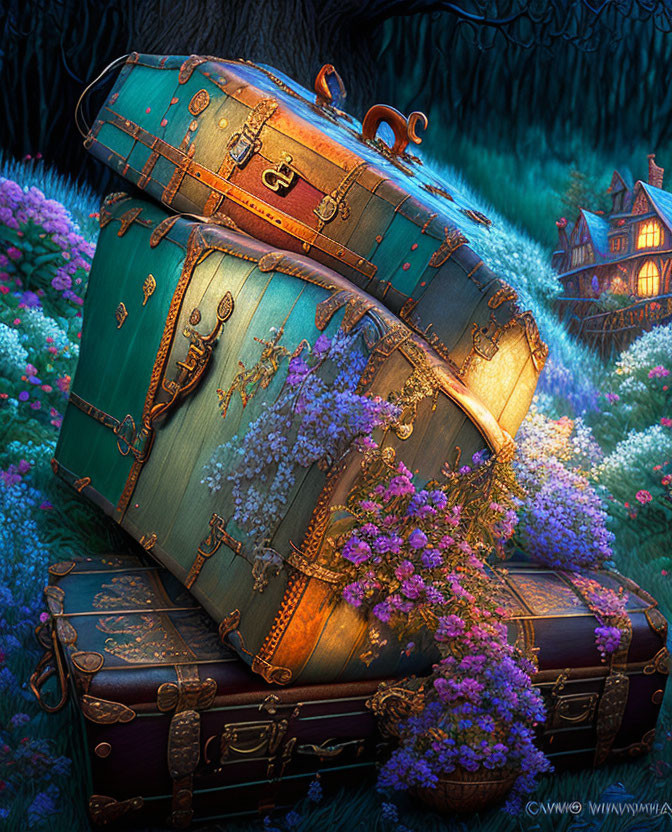 Illustration of stacked suitcases, purple flowers, and whimsical house in twilight glow