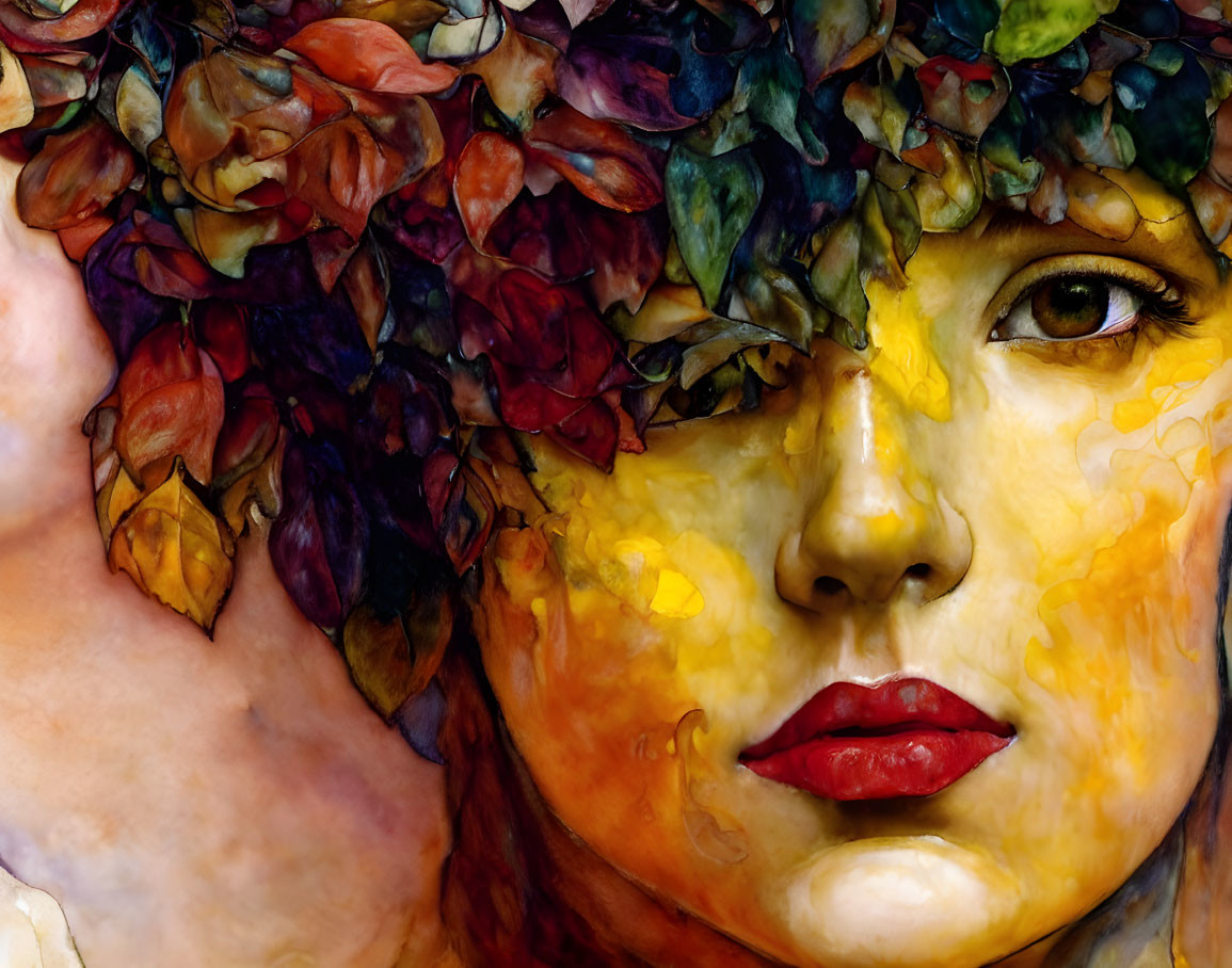 Vibrant portrait of a person with leaf crown, warm hues, intense gaze