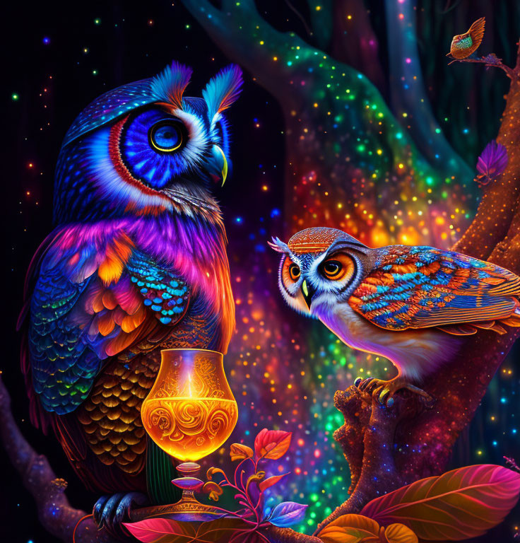 Colorful Stylized Owls on Branch with Lantern in Mystical Forest