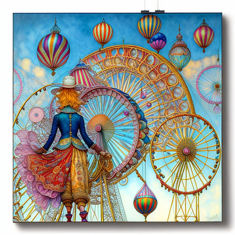 Colorful painting of person gazing at vibrant scene with hot air balloons and Ferris wheels in blue