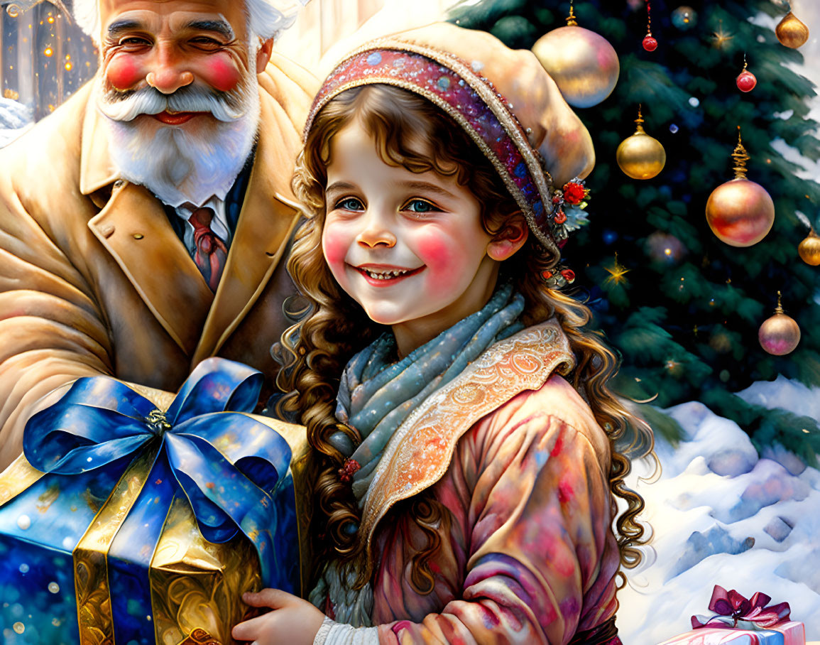 Joyful girl and man with gift in festive winter scene