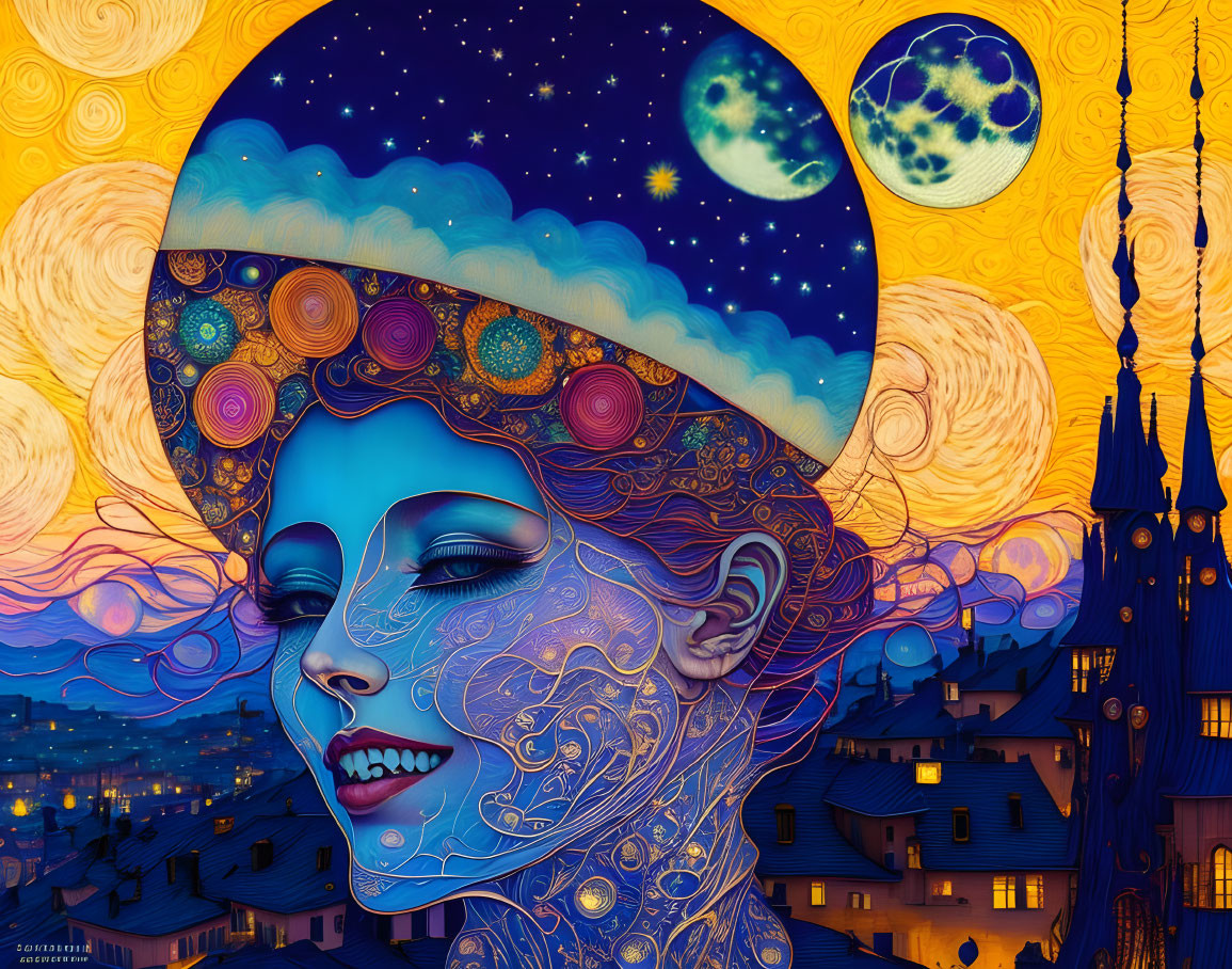 Colorful illustration blending woman's face with cosmic elements against starlit sky and whimsical cityscape.