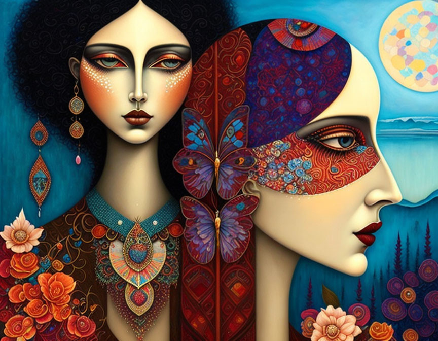 Colorful artwork of two stylized female profiles with intricate patterns, butterflies, and floral motifs.